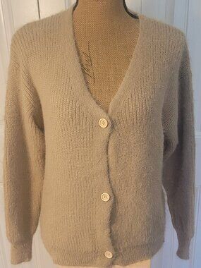 UNBRANDED (from AMAZON) Fuzzy V-Neck Khaki Button-Front Cardigan, NIB/NWOT, S